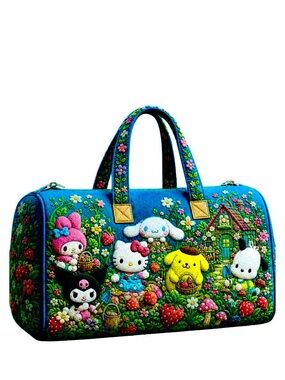 NEW Sanrio Hello Kitty & Friends Large Teal Quilted Garden Duffel Bag Flat Print